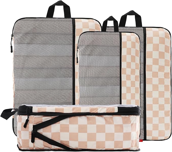 U+U 4 Set Compression Packing Cubes - Ultralight Travel Organizers, Space-Saving Suitcase Organizer, Expandable Packing Cubes for Travel, Business Trip and Family Vacation (Khaki Checkered)
