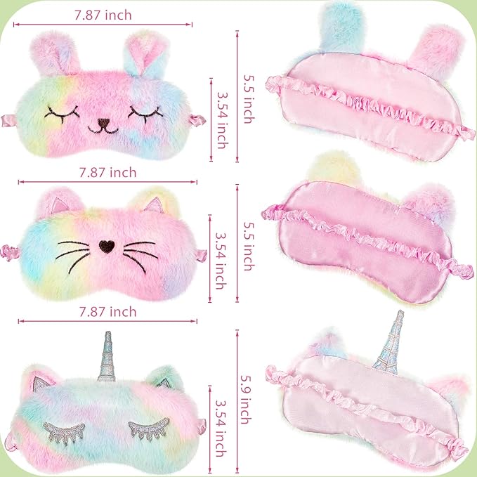 Geyoga Sleep Mask for Kids, Girls Plush Sleeping Eye Cover Soft Eye Blindfold Cover Animal Shade for Kids (Rainbow Color,Cat and Unicorn Style)