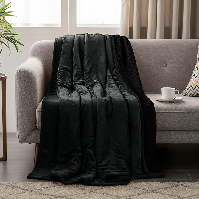 Utopia Bedding Sherpa Blanket Throw Size (Black, 50x60 Inches) - Soft Lightweight Plush Fleece Reversible Blanket for Bed, Sofa, Couch, Camping and Travel