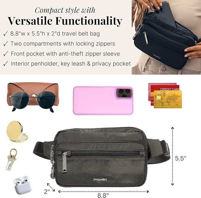Baggallini Securtex Anti-theft Belt Bag 8.8"x5.5" Crossbody Fanny Pack for Women RFID Wallet Locking Zipper Travel Purse