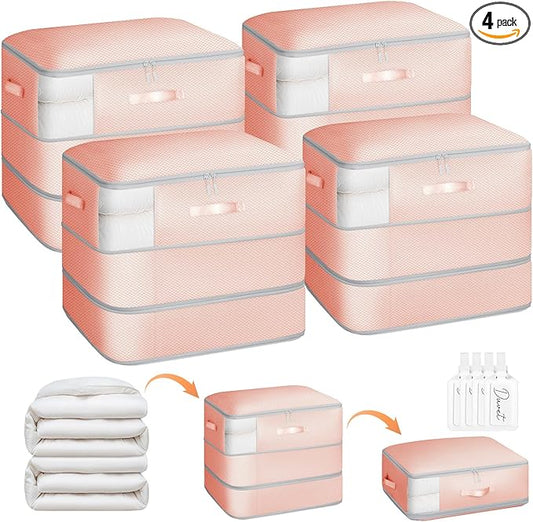 4 Pack Compression Storage Bags - 110L Large Capacity Comforter Storage Bag, 3-Layer Washable Ultra Space Saving Self Compression Organizer Space Bags for Blankets, Sweaters, Sheets, Pink