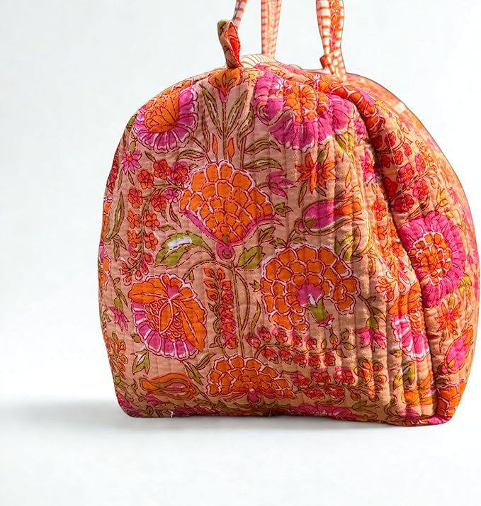 Large Orange Pink Cotton Quilted Duffle Bags Block Print Gifts Handmade Colorful Travel Night Travel Gym Yoga Luggage Pocket 18X9X9 inches