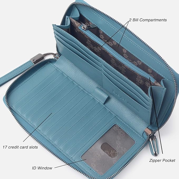 Bveyzi Women RFID Blocking Wallet Leather Zip Around Phone Clutch Large Capacity Ladies Travel Purse Wristlet | RFID Blocking, Zip Around, Large Capacity