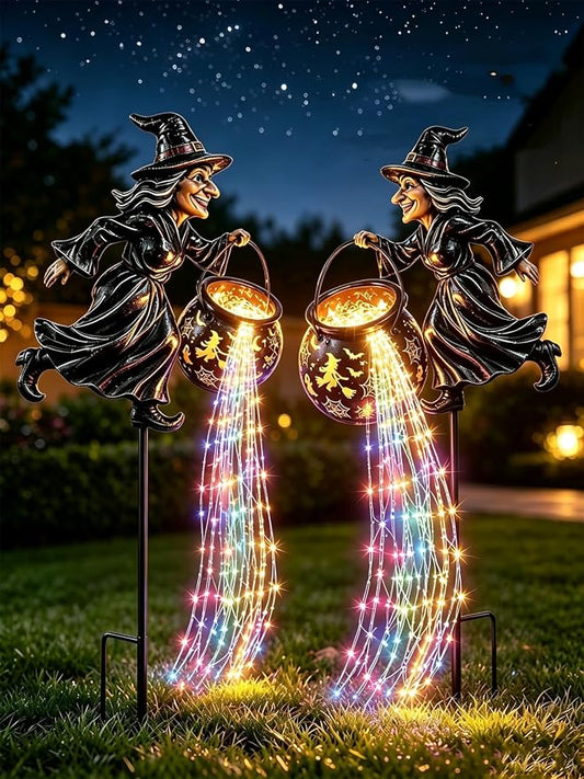 Halloween Witch Cauldron Garden Light,33.5″ Witch Stake Garden Light | Total height of 33.5 inches, Includes 1*12m, 100-light solar-powered multicolored LED light strip, Waterproof
