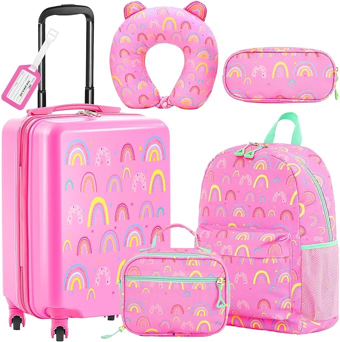 Redbaker 17 Inch 6 Pcs Kids Luggage Set Kids Rolling Luggage Double Pattern Suitcase for Boys Girls (Dusty Pink, Rainbow Style)