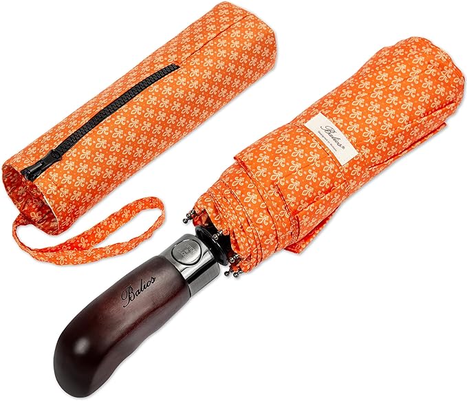 Balios Travel Folding Umbrella with Real Wood Handle Auto Open Close Vented Windproof Canopy - Designed in UK