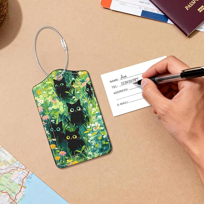 2 Pack PU Leather Luggage Tags for Suitcases, Privacy Protection Cover with Stainless Steel Loop and Address Card, Travel Cruise Essentials (Flower Black Cat)