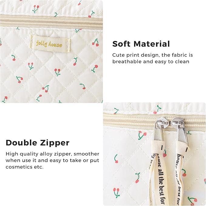 HBselect Quilted Makeup Bag, 3PCS Cotton Large Travel Makeup Bag, Cute Floral Coquette Make up Bag Cosmetic Bag Toiletry Bag for Women Girls