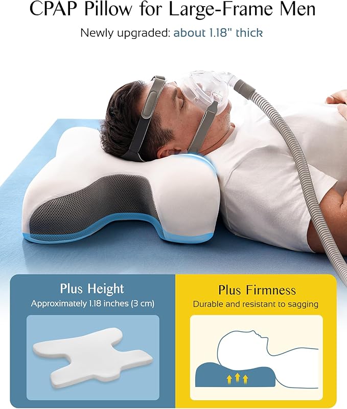 CPAP Pillow for Larger-Framed Men, Ergonomic Memory Foam Bed Pillow to Reduce Air Leaks, Facial Pressure, Height Adjustable for Side Back Stomach Sleepers, 23.6"x15.74"x5.11"/5.9"