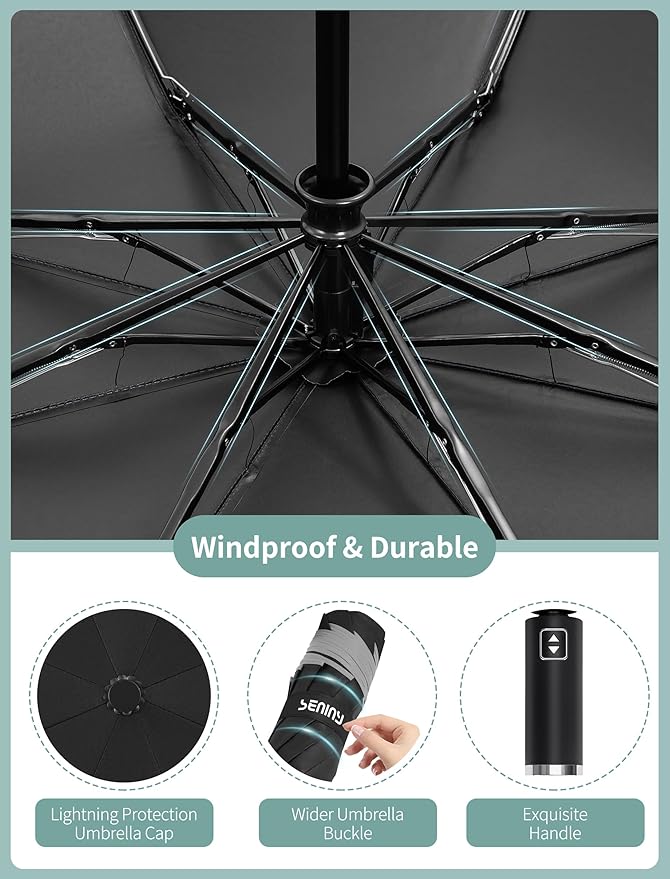 Seniny Inverted Travel Umbrella Compact - Windproof Umbrellas for Rain with Reflective Strip, Large UV Umbrella for Sun Protection, Automatic Portable Umbrellas Fold in Reverse for Car, Backpack