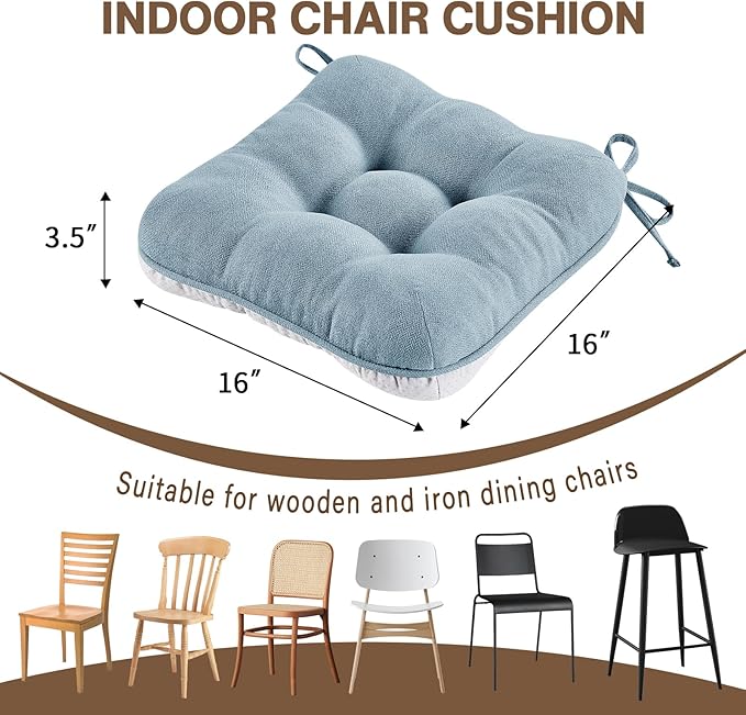 BETU Chair Cushions for Dining Chairs Set of 4,3.5" Thick Kitchen Table Chair Pads with Ties,Non Slip Backing and Covers, Seat Cushion for Dining Room,Bar,Patio Chairs,16"X16"X3.5",Smoky Blue