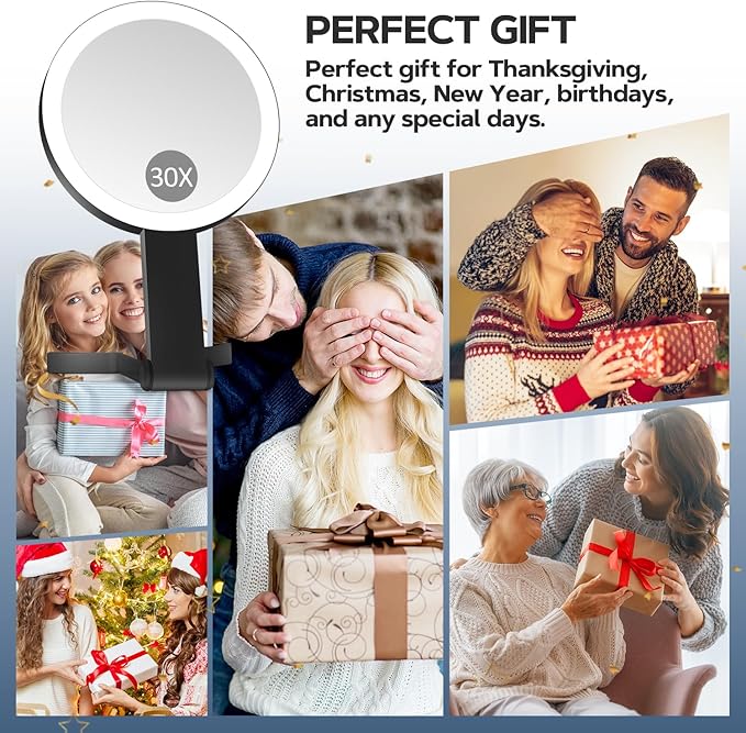 Lighted Makeup Mirror, 30X Magnifying Mirror with Light, Hanging and Handheld Mirror with Handle,Black
