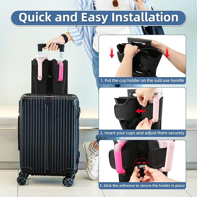 Luggage Cup Holder for Suitcases, Compatible with 30-40 Oz Stanley Tumblers, Foldable Luggage Cup Holder with Phone & Ticket Pocket, Waterproof Hands-Free Travel Accessory (Black)