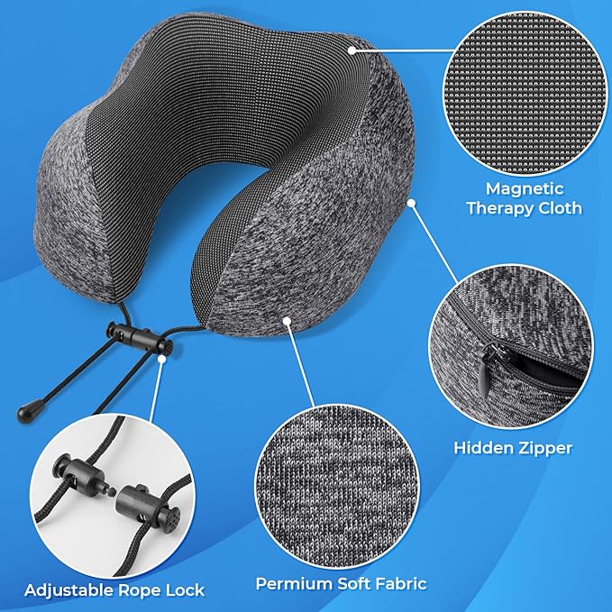 Travel Pillow, 2 Pack Travel Pillows for Sleeping Airplane, Neck Pillow Airplane, Memory Foam Neck Pillow Set with Eye Mask, Earplugs and Storage Bag -Grey & Light Grey
