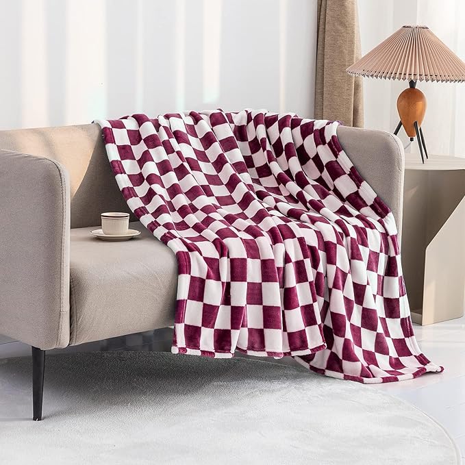 LOMAO Throw Blankets Flannel Blanket with Checkerboard Grid Pattern Soft Throw Blanket for Couch, Bed, Sofa Luxurious Warm and Cozy for All Seasons (Burgundy, 40"x60")