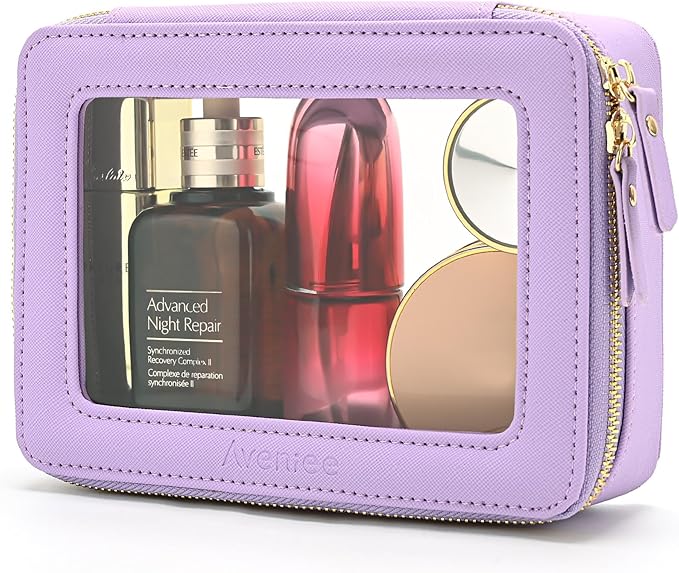 Aveniee Clear Makeup Bag Organizer, Travel Toiletry Bag Cosmetic Case for Women, Make Up Skincare Pouch Car Organizer Bag with Zippers for Essentials,Lilac,Medium Classic