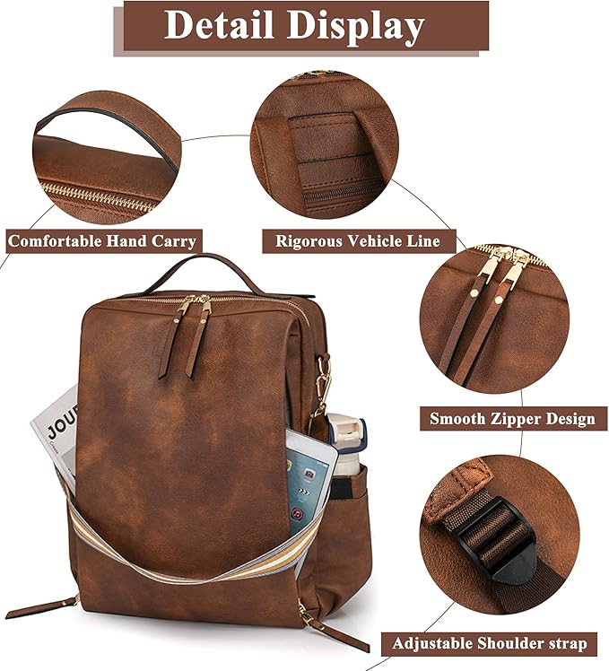 myfriday PU Leather Large Backpack Purse for Women Casual Travel Backpack Convertible Satchel Handbags With Luggage Strap (Dark brown)