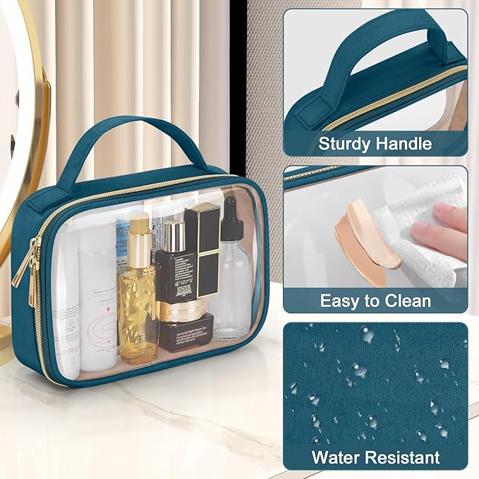 Wedama TSA Approved Toiletry Bag, 3 Pack Clear Makeup Bags with Handles, Quart Size Toiletry Bags, PVC Clear Cosmetic Bags for Women and Men, Carry on Airport Airline (Til Blue, Medium)