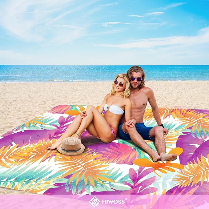Beach Blanket Waterproof Sandproof Oversized 95”x 80”,Sand Free Beach Mat with Corner Pockets,Portable Mesh Bag for Beach Festival,Picnic,Travel and Outdoor Camping (Tropicalleaf)
