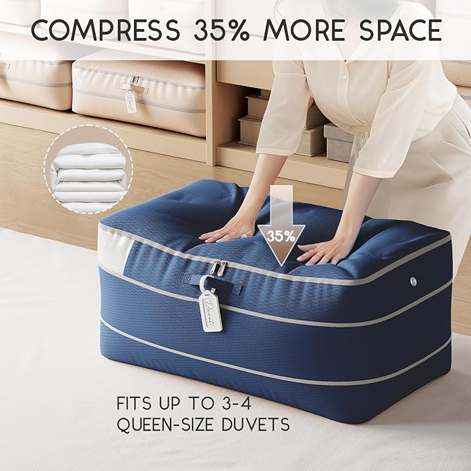 Compression Storage Bags for Comforters - 4 Pack Long Large 100L Compression Bags, 3-Layer Washable Ultra Space Saving Self Comforter Storage Bag for Blankets, Sheets, Clothes, Navy Blue