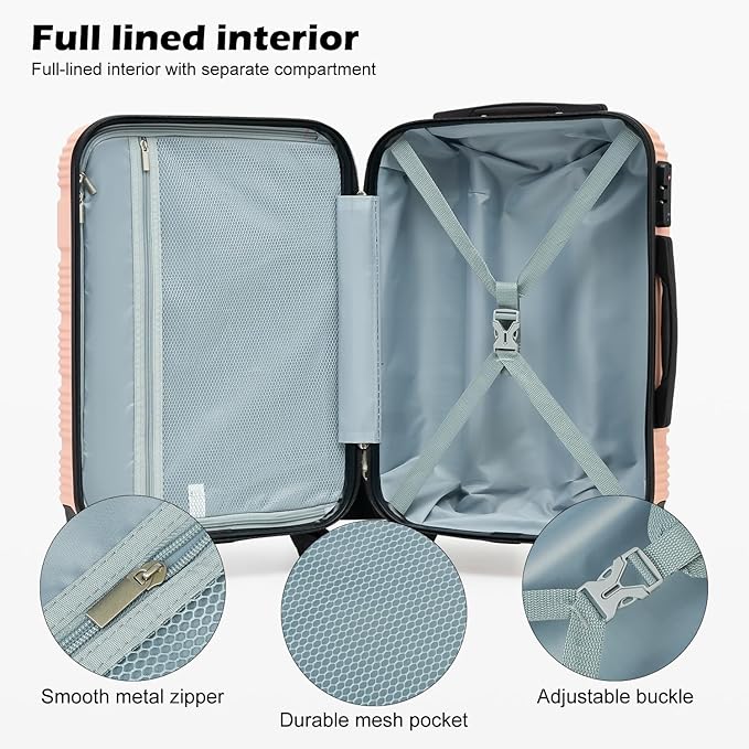 LONG VACATION 6 Piece ABS+PC Hardshell Luggage Set with Spinner Wheels, Lightweight suitcase set with TSA Lock & YKK Zipper, Pink