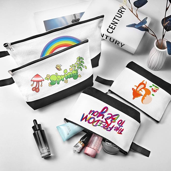 10 Pieces Cotton Canvas Makeup Bag with Bottom and Strap, Multi-Purpose Cosmetic Bag with Zipper Travel Toiletry Pouch, Blank DIY Craft Bag (White&Black, S)