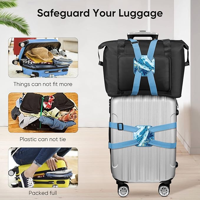 Luggage Strap, FINPAC Bag Bungee Suitcase Adjustable Elastic Strap Belt Travel Accessories with Anti-Pinch Buckle, Easy to Travel, Long Use Life (Sandy Wave)