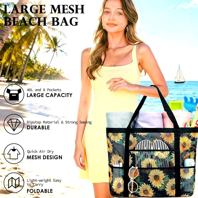 Fammart Mesh Beach Bag, Large Beach Tote with Zipper Pocket, Toys Pool Bag for Family Travel Vacation Cruise Essentials