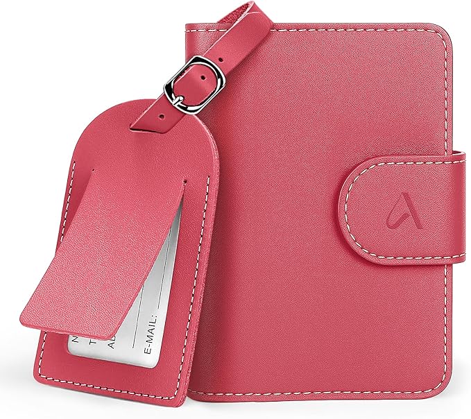 ALLIVE Rfid Passport Holder for Travel Women, Rfid Passport Cover Wallet, Genuine Leather Passport Holder for Travel with AirTag Hidden, Gift Set with Luggage Tag in Premium Gift Box (Rose Pink)