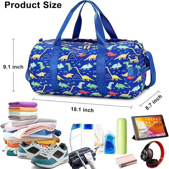 CAMTOP Kids Duffel Overnight Bag Boys Girls Toddler Weekender Carry-On Personalized Tote for Travel Gym Sport (Dinosaur-Dark Blue)