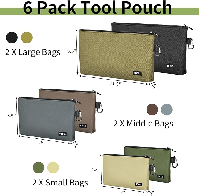 COIDEA 6 Pack Zipper Pouch, Premium Tool Bag, Utility Flat Bottom Storage Organizer With Carabiner Metal Zipper for Tools, Stationary, Pencil