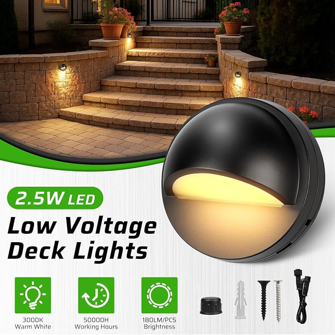 6 Pack Low Voltage LED Deck Lights Kit with Plug-in Transformer, Dusk-to-Dawn Photocell Sensor and Timer, IP67 Waterproof 3000K Outdoor Step Stair Lights for Deck Patio Fence Landscape Lighting