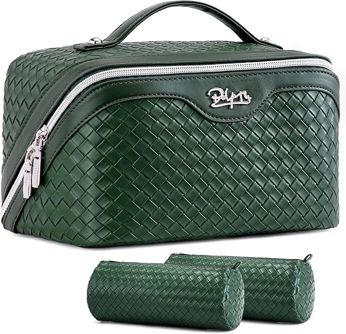 BOYATU Travel Makeup Bag Cosmetic Bags for Women: Large Capacity 3 Pcs Set Make up Bag with Compartments - Waterproof Vegan Leather Toiletry Organizer Bags with Handle (L06 Olive)