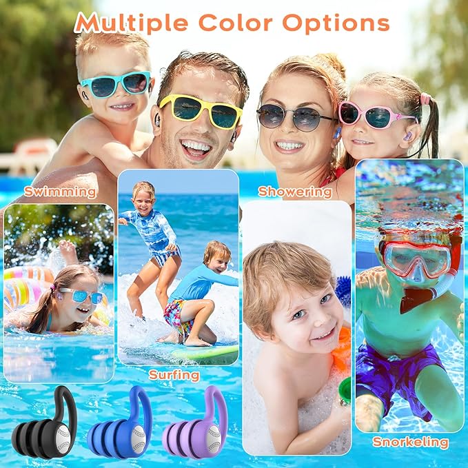 Swimming Ear Plugs Waterproof Earplugs - 3 Pairs Silicone Swim Ear Plugs for Kids, Water Sports Earplugs for Showering, Bathing, Surfing - Keep Ear Water Out (Kids- Black, Pruple, Blue)