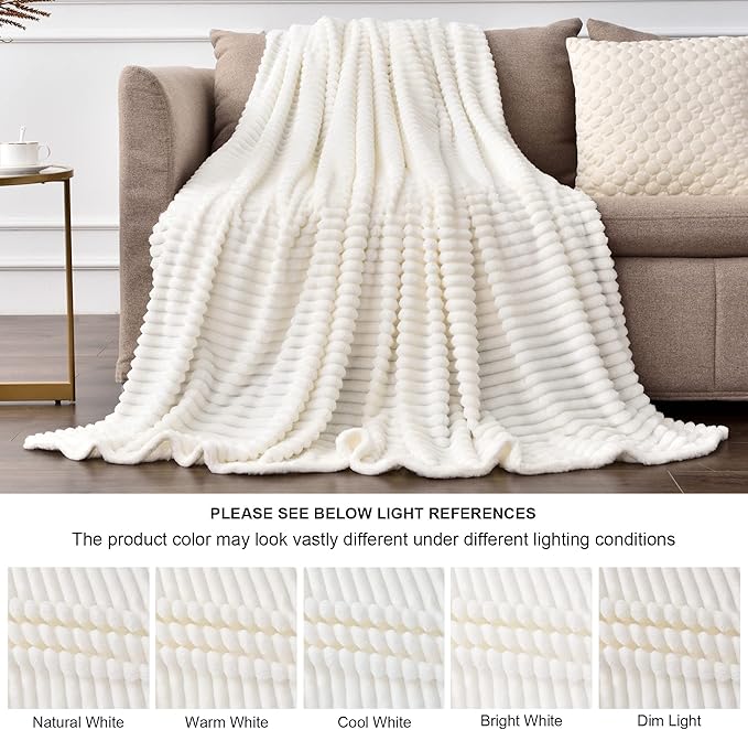BEDELITE Fleece Throw Blanket for Couch – 3D Ribbed Jacquard Soft and Warm Decorative Fuzzy Blanket – Cozy, Fluffy, Plush Lightweight Off White Throw Blankets for Bed, Sofa, 50x60 inches