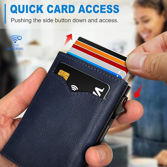 miyozi Wallet for Men,with Cash Pocket 2 ID Window 9-13 Cards,Metal Case Smart Slim Pop Up Credit Card Holder Flip with Magnetic Closure RFID Blocking Trifold wallet with Gift Box