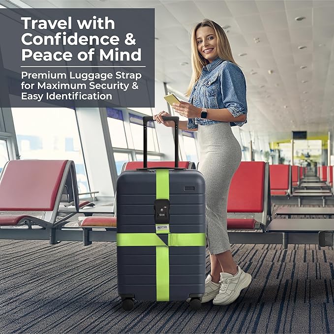 Nylon Luggage Straps for Suitcases | TSA Approved Adjustable Strap w/ 3-Digit Combo Lock | Heavy Duty Belt for 20-32 Inch Suitcases | Travel Luggage Belt Strap for Easy Identification (Neon Green)