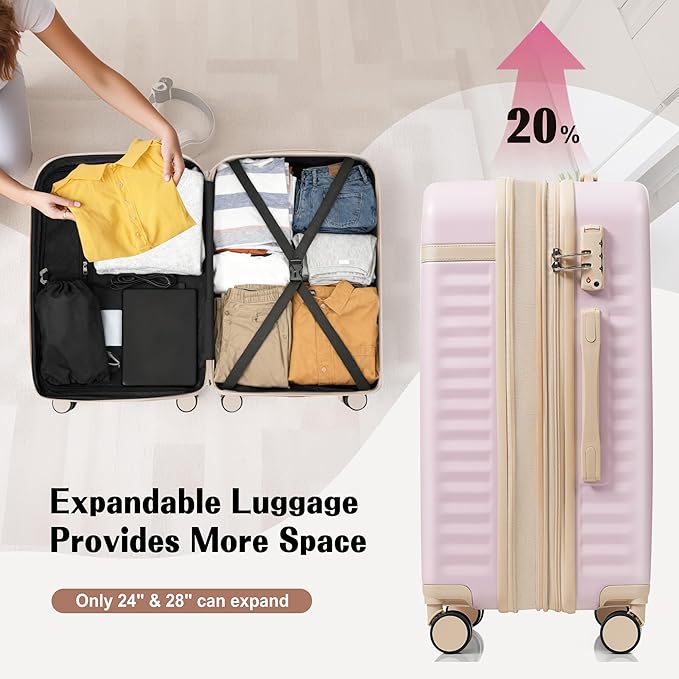 Hardshell Luggage, Lightweight Suitcase with Spinner Wheels, LIGHT PINK+USB