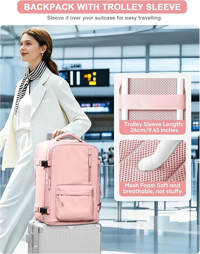 VGCUB Large Travel Backpack Bag for Women Men,Carry on Backpack,17 Inch Laptop Business Work Waterproof Backpack with Laptop Compartment,Person Item Flight Approved,Mochila de Viaje,Pink Large
