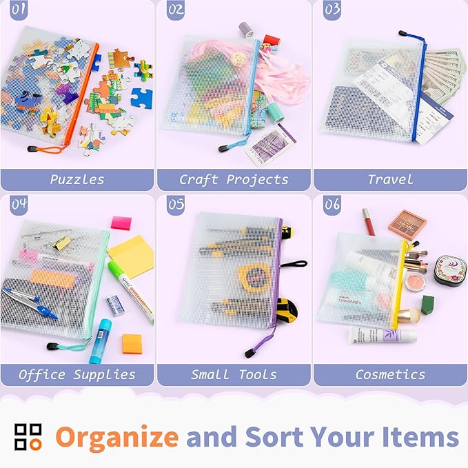Umriox 48pcs Small Zipper Pouch, Mesh Bags with Zipper, 9.5" x 7.1"/A5 Size 16 Color Pencil Pouches, Storage Bags for Puzzles, Office and Travel Supplies