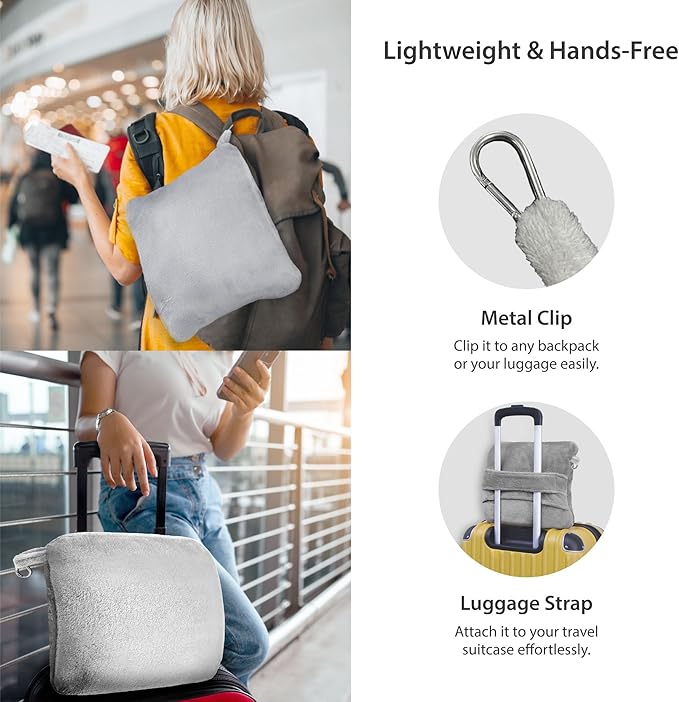 DEZ FURNISHINGS 4-in-1 Travel Compact Blanket Pillow Super Soft Velvet with Luggage Sleeve and Backpack Clip, Gray, 60" x 45"