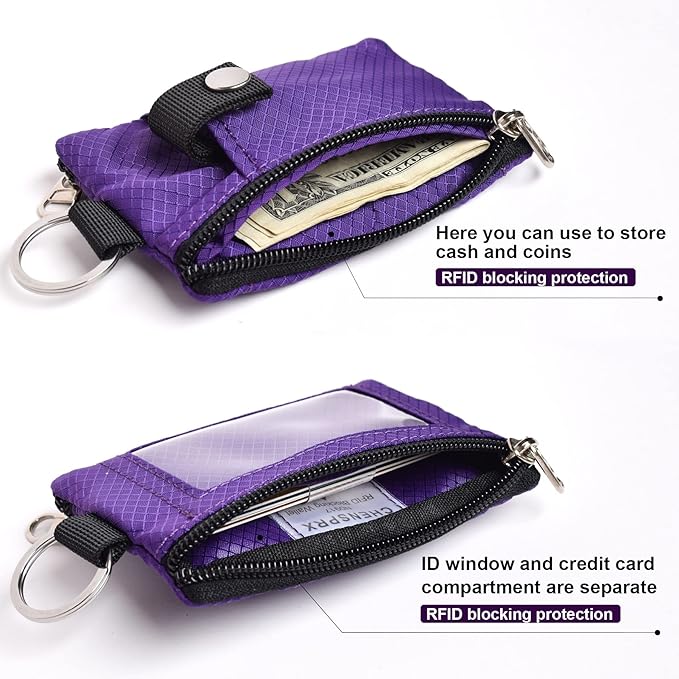 CHENSPRX Minimalist RFID Blocking Small Wallet with ID Window,WaterResistant Zip Id Case Wallet with Lanyard Keychain for Cards,Cash,Travel,Women,Men