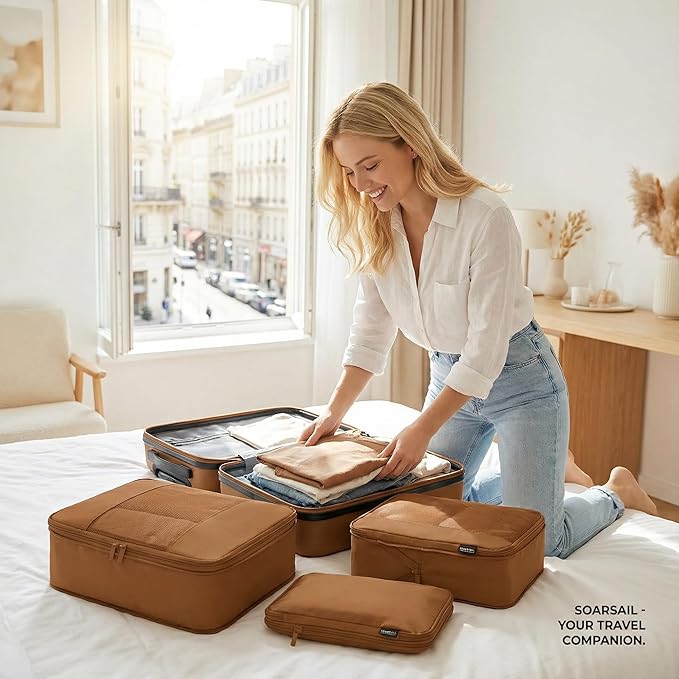 4 Piece Compression Packing Cubes for 3–7 Day Travel, Lightweight Travel Organizers with Breathable Mesh, Double-Zipper Packing Cubes for Carry-On & Suitcases (Light Brown)