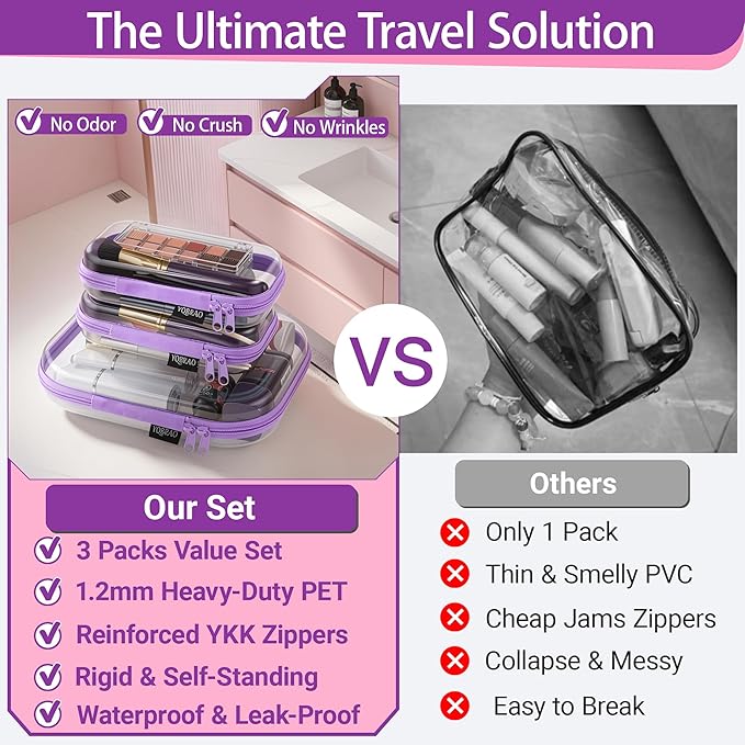 YQBRAO 3 Pack Hard Sided Clear Zipper Case for Storage- Thickened-Grade Clear Hard Shell Zipper Case for Organizing Bead, Handicrafts, Sewing, Toiletries, Makeup (Purple)