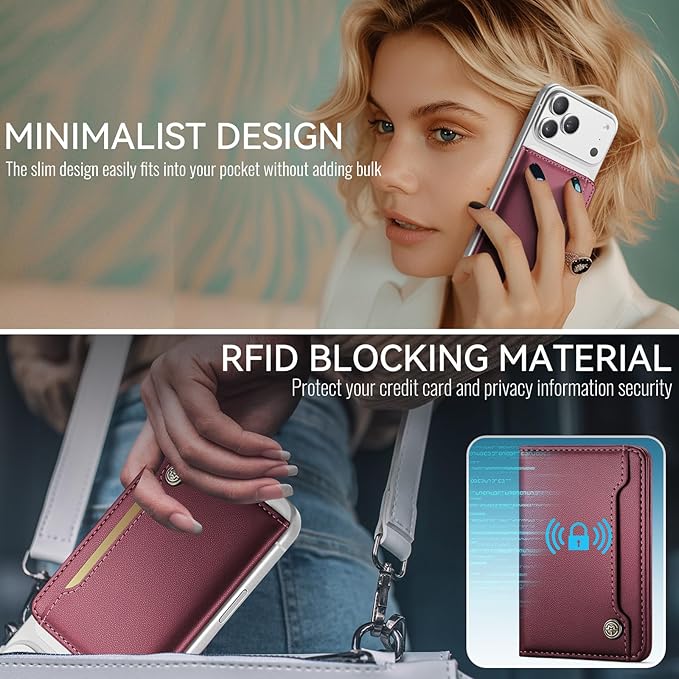 Vinich for Magsafe Wallet Magnetic RFID Blocking Card Holder Compatible with MagSafe Phones and Cases, Strong Magnet Minimalist Phone Wallet for iPhone 17/16/15/14/13/12/Pro/Max/Plus, Wine Red
