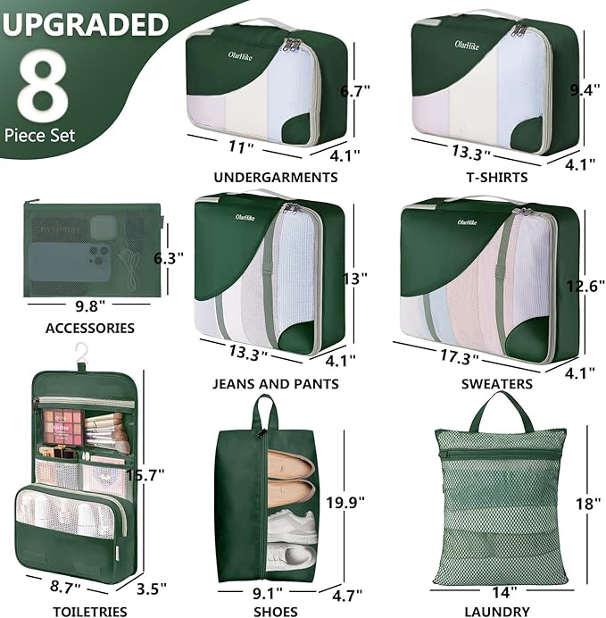 8 Set Packing Cubes for Travel, Gifts for Women Mom,Anti-Tearing Suitcase Organizer for Luggage with Shoe & Hanging Toiletry Bag,OlarHike Vacation Essentials & Accessories for Cruise Ship