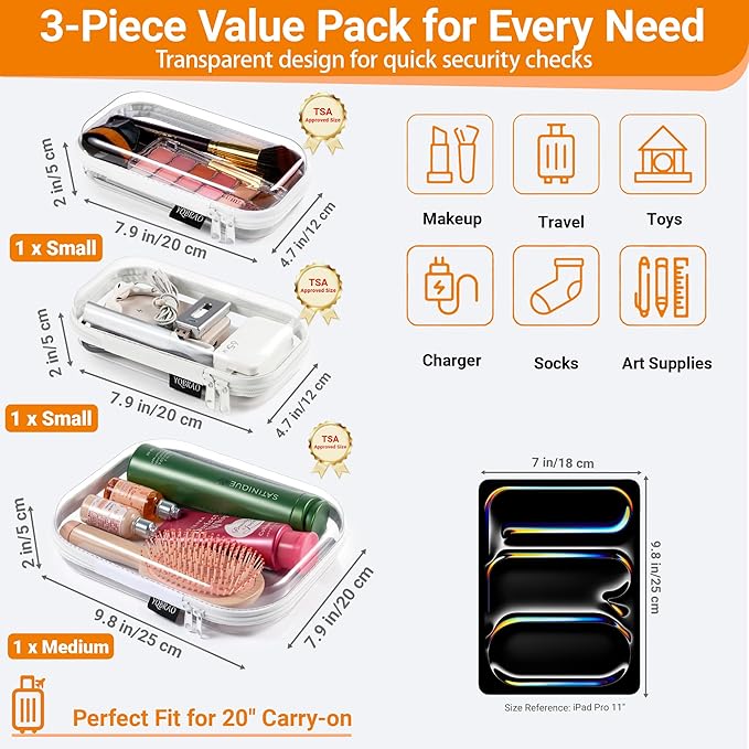 3 Pack Clear Hard Shell Zipper Case - Clear Waterproof Cosmetic Bag with Zipper, Kid's Toy Storage Organizer Bins, Charging Cables, creative journaling, painting brushes, Threads,Sketch Supplies