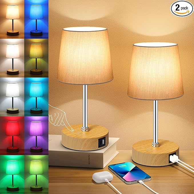 Ascher Small Bedside Table lamp Set of 2, RGB Color Changing Lamps, 3 Color Temperatures, Stepless Dimmable, Nightstand Lamp with USB C+A Ports for Bedroom Living Room, (Grey Shade, Wood Grain Base)