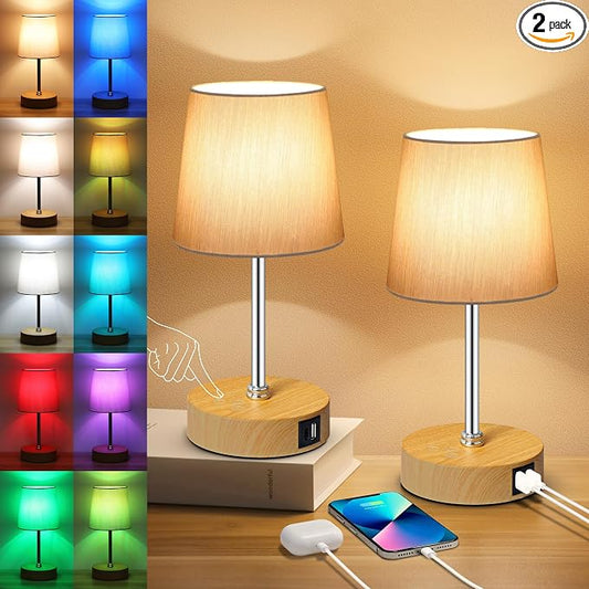 Ascher Small Bedside Table lamp Set of 2, RGB Color Changing Lamps, 3 Color Temperatures, Stepless Dimmable, Nightstand Lamp with USB C+A Ports for Bedroom Living Room, (Grey Shade, Wood Grain Base)