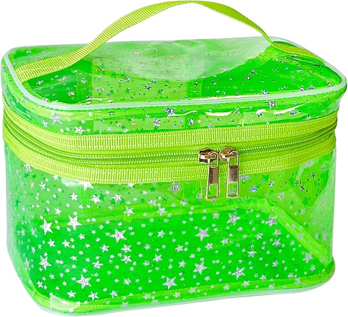Star Print Green PVC Makeup Bag with Handle - 8.66 * 5.51 * 5.51 inch,Clear Storage Bag Toiletry Pocket Portable Zippered Pouch Waterproof Cosmetic Organizer Bags for Women (Green-L)